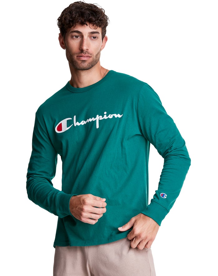 Champion Mens T-Shirt NZ - Long-Sleeve Lightweight Script Logo Turquoise ( 6791-RTALU )